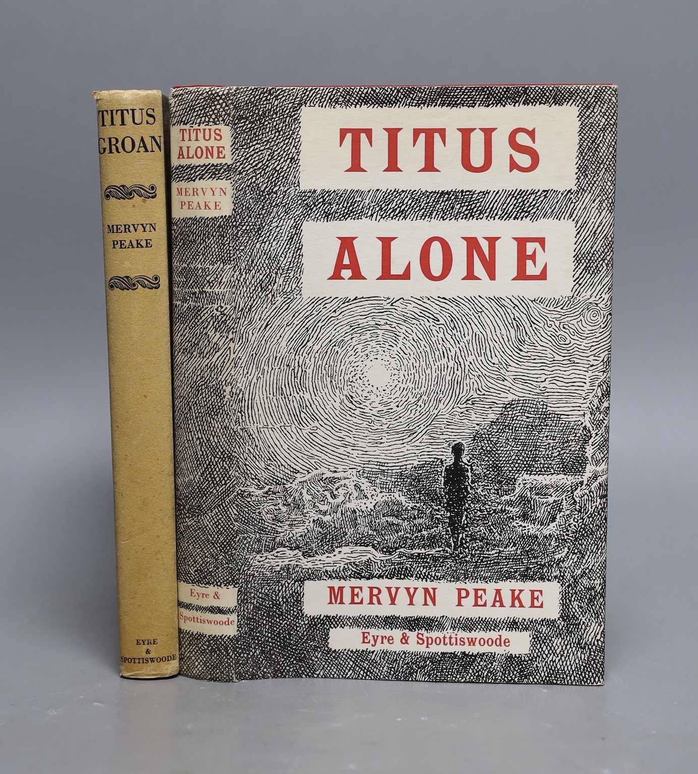 Peake, Mervyn - Titus Groan, 1st edition, original red cloth gilt, in 1st impression unclipped d/j (with no reviews), London, 1946 and Titus Alone, 1st edition, in unclipped d/j, London, 1959, (2)